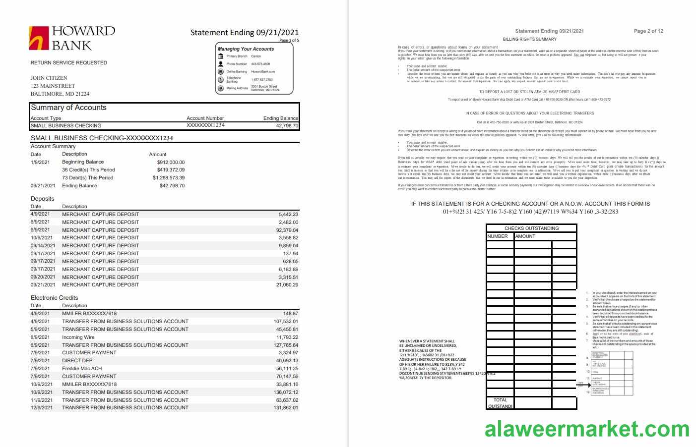 USA Maryland Howard Business bank statement template, Excel and PDF format (.xls and .pdf) (4 pages)